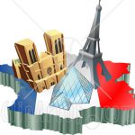 12382-Tourist-Attractions-Of-Notre-Dame-De-Paris-Cathedral-Eiffel-Tower-And-The-Louvre-Pyramid-Over-A-Map-And-French-Flag-Clipart-Illustration